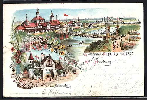 Lithographie Hamburg, Allgemeine Gartenbau-Ausstellung 1897, Ausstellungshalle mit Brücke, Tor am Holstenplatz