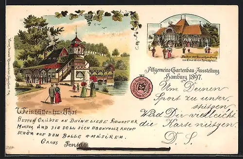 Lithographie Hamburg, Allgem. Gartenbau-Ausstellung 1897, Weinhütte im Thal, Pavillon der Samenhandlung