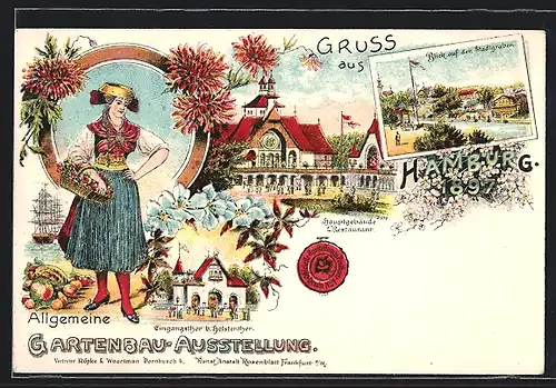 Lithographie Hamburg, Allgemeine Gartenbau-Ausstellung 1897, Hauptgebäude & Restaurant