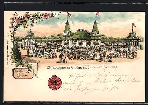 Lithographie Hamburg, Allgemeine Gartenbau-Ausstellung 1897, Cafe Felber