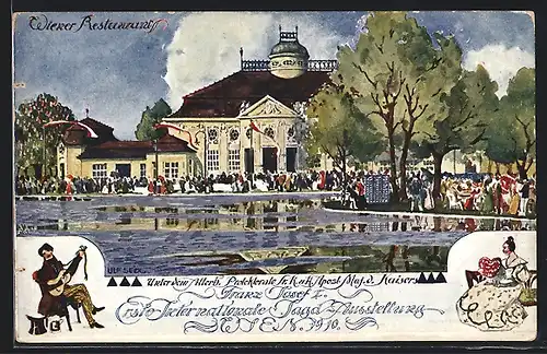 Künstler-AK Ulf Seidl: Wien, 1. Intern. Jagd-Ausstellung 1910, Wiener Restaurant