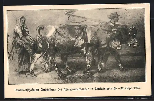Künstler-AK Durlach, Landwirtschaftliche Ausstellung ds Pfinzgauverbandes 1924, Bauernpaar mit zwei Ochsen