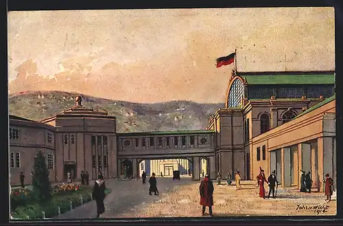 AK Stuttgart, Ausstellung für Gesundheitspflege 1914, Die Verbindungsbrücke zwischen Haupthalle und Industriegebäude