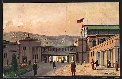 AK Stuttgart, Ausstellung für Gesundheitspflege 1914, Die Verbindungsbrücke zwischen Haupthalle und Industriegebäude
