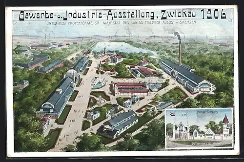Lithographie Zwickau, Gewerbe- u. Industrie-Ausstellung 1906, Gesamtansicht & Haupt-Eingang