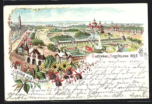 Lithographie Hamburg, Gartenbau-Ausstellung 1897, Blick über das gesamte Ausstellungsgebiet