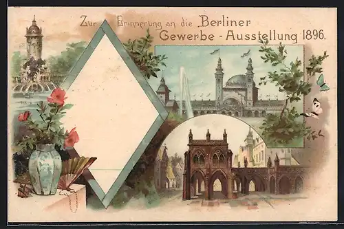 Lithographie Berlin, Gewerbe-Ausstellung 1896, verschiedene Gebäude