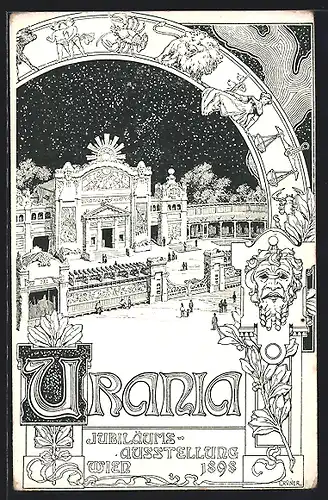 Künstler-AK Wien, Jubiläums-Ausstellung 1898, Urania-Theater bei Nacht