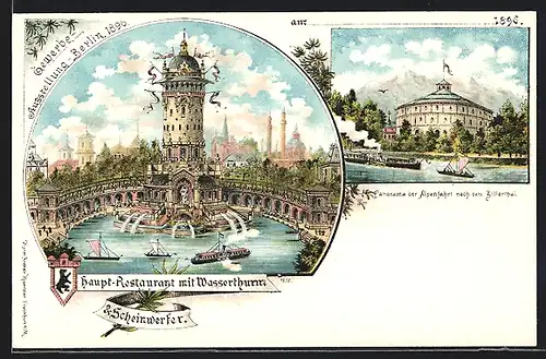 Lithographie Berlin, Gewerbe-Ausstellung 1896, Haupt-Restaurant mit Wasserturm und Scheinwerfer