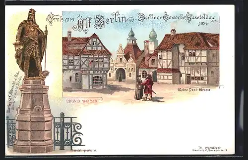 Lithographie Berlin, Gewerbe-Ausstellung 1896, Kleine Post-Strasse, Markgraf Albrecht der Bär
