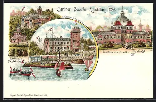 Lithographie Berlin, Gewerbe-Ausstellung 1896, Marine-Schauspiel, Pavillon der Stadt