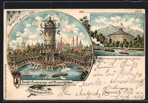 Lithographie Berlin, Gewerbe-Ausstellung 1896, Haupt-Restaurant mit Wasserturm und Scheinwerfer