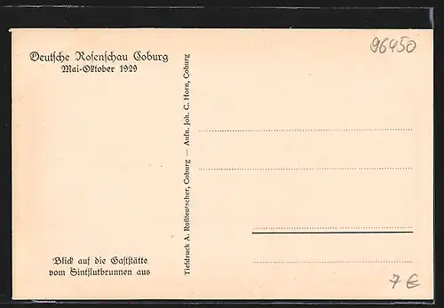 AK Coburg, Deutsche Rosenschau 1929, Blick auf die Gaststätte vom Sintflutbrunnen aus