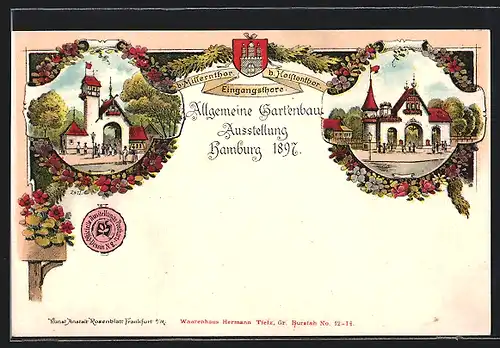 Lithographie Hamburg, Allgemeine Gartenbau-Ausstellung 1897, Mitternthor, Wappen, Siegel