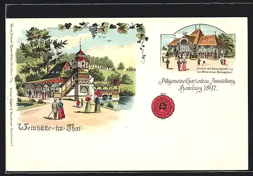 Lithographie Hamburg, Allgemeine Gartenbau-Ausstellung 1897 - Weinhütte im Thal und Pavillon