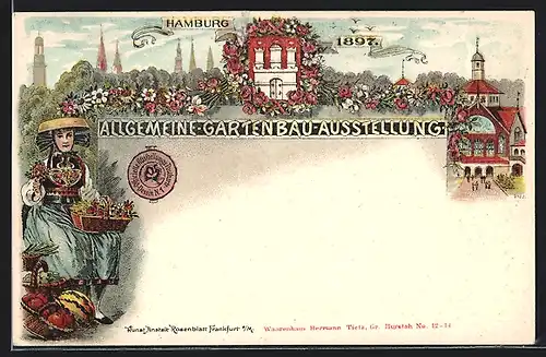 Lithographie Hamburg, Allgemeine Gartenbau-Ausstellung 1897, Hamburger Blumenmädchen in Tracht