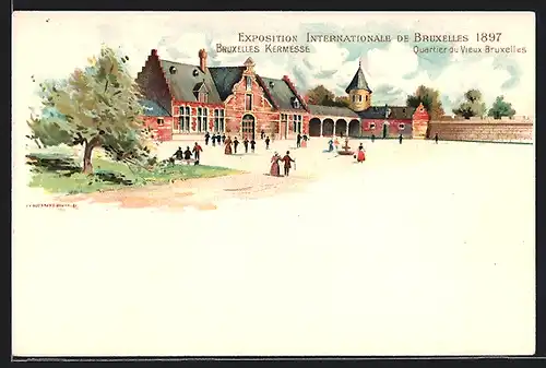 Lithographie Bruxelles, Exposition Internationale 1897, Quartier du Vieux Bruxelles, Personnes devant Halle