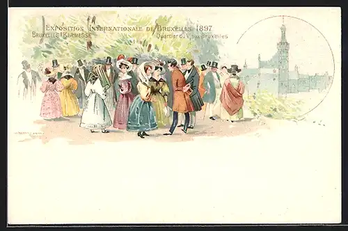 Lithographie Bruxelles, Exposition Internationale 1897, Kermesse, Quartier du Vieux Bruxelles