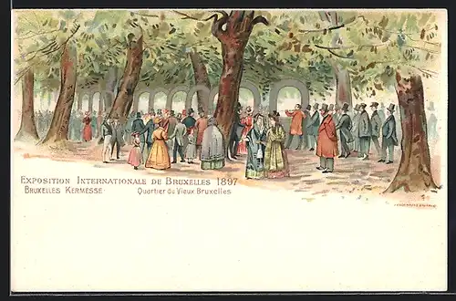 Lithographie Bruxelles, Exposition Internationale 1897, Personnes dansun Allee, Quartier du Vieux Bruxelles