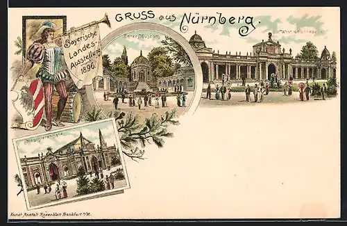 Lithographie Nürnberg, Bayerische Landesausstellung 1896, Armee-Museum, West-Colonnade und Maschinenhalle