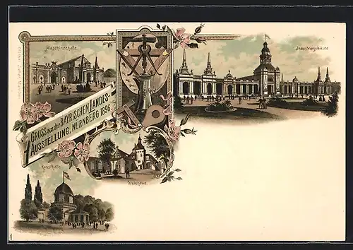 Lithographie Nürnberg, Bayerische Landesausstellung 1896, Maschinenhalle, Industriegebäude, Kunsthalle, Weinhaus