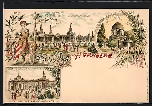 Lithographie Nürnberg, Bayerische Landes-Ausstellung 1896, Kunsthalle, Industriegebäude & Staatl. Anstalten