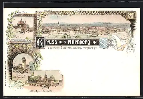 Lithographie Nürnberg, Bayerische Landesausstellung 1896, Kulmbacher Bierhalle, Nürnberger Bierhalle