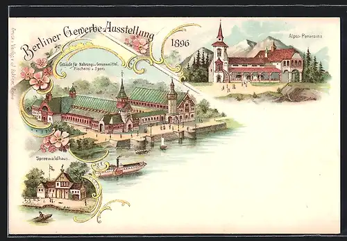 Lithographie Berlin, Gewerbe-Ausstellung 1896, Gebäude für Nahrungs- u. Genussmittel, Fischerei u. Sport
