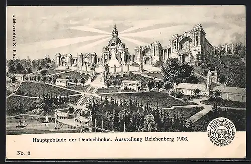 Künstler-AK Reichenberg, Deutschböhmische Ausstellung 1906, Blick auf das Hauptgebäude