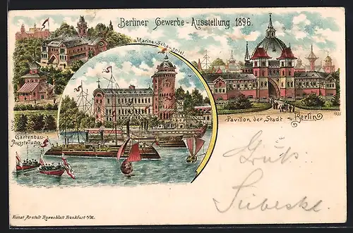 Lithographie Berlin, Gewerbe-Ausstellung 1896, Pavillon der Stadt, Marine-Schauspiel