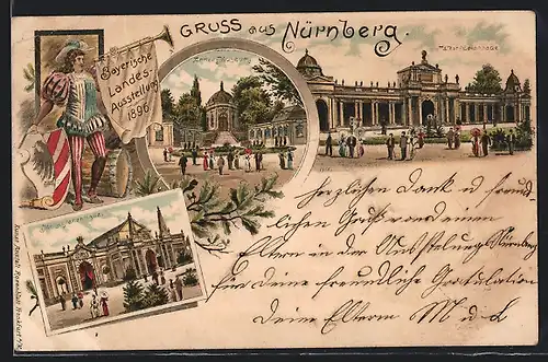 Lithographie Nürnberg, Bayerische Landesausstellung 1896, Armee-Museum, West-Colonnade und Maschinenhalle