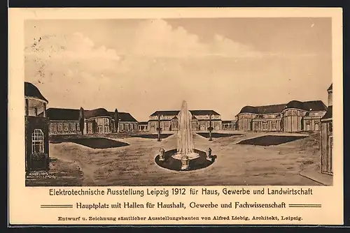 Künstler-AK Leipzig, Elektrotechnische Ausstellung 1912 für Haus, Gewerbe und Landwirtschaft, Hauptplatz mit Hallen
