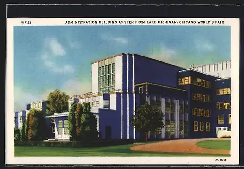 AK Chicago, World`s Fair 1933, Administration Building as seen from Lake Michigan, Ausstellung