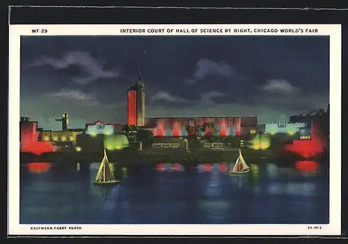 AK Chicago, World`s Fair 1933, Interior Court of Hall of Science by Night, Ausstellung