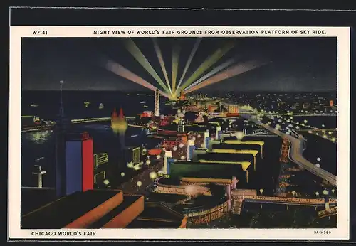 AK Chicago, World`s Fair 1933, Night View of World`s Fair Grounds form Observation Platform of Sky Ride, Ausstellung