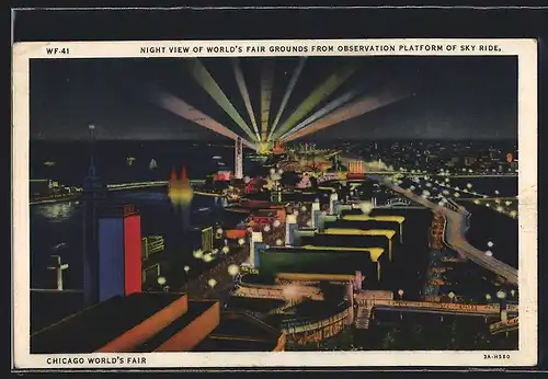 AK Chicago, World`s Fair 1933, Night View of World`s Fair Grounds from Observation Platform of Sky Ride, Ausstellung