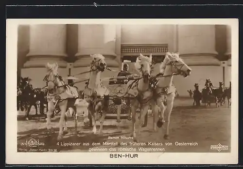 AK Ben-Hur, 4 Lippizianer aus dem Marstall des früheren Kaisers zu Österreich gewinnen das Wagenrennen