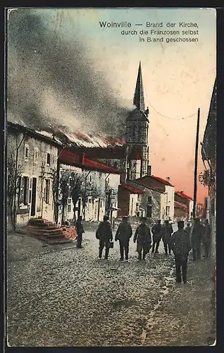 AK Woinville, durch die Franzosen selbst in Brand geschossene Kirche