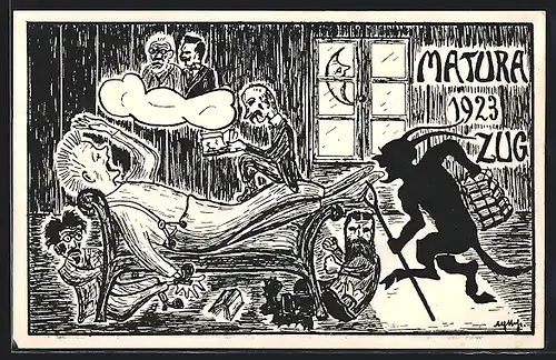 Künstler-AK Zug, Matura 1923, Teufel mit Büchern
