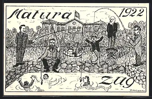 Künstler-AK Zug, Matura 1922, Lehrer angeln Schüler