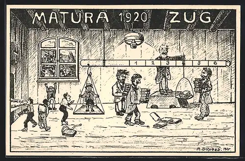 Künstler-AK Zug, Matura 1920, Schüler auf einer Waage
