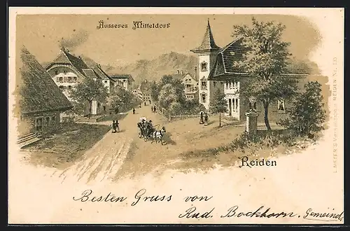 Lithographie Reiden, Äusseres Mitteldorf mit Kutsche