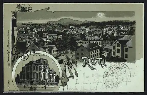 Lithographie Rüti, Ansicht der Villa Séquin, Blick über die Dächer der Ortschaft