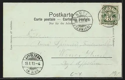 Lithographie Rüti, Ansicht der Villa Séquin, Blick über die Dächer der Ortschaft