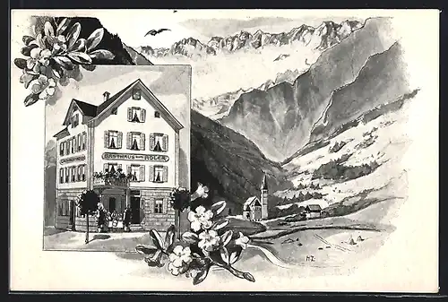 Künstler-AK Göschenen, Gasthaus zum Adler, Ortsansicht mit Dammagletscher