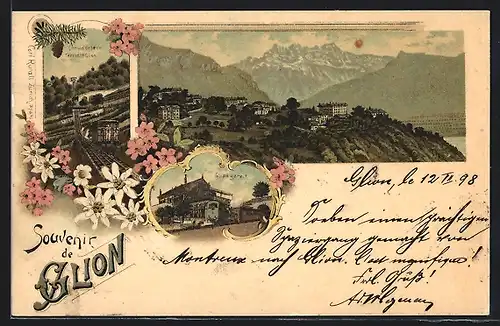 Lithographie Glion, Gare, Chemin de fer de Territtet-Glion, Bahnhof