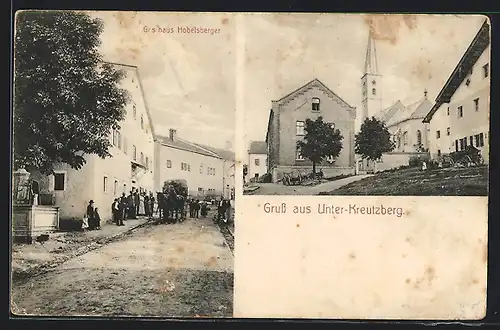 AK Freyung, Unter-Kreutzberg, Gasthaus Hobelsberger, Ortspartie mit Kirche