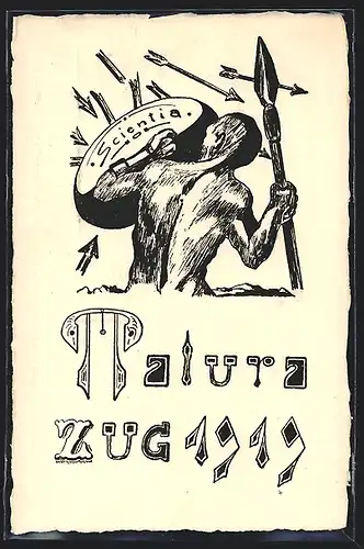 Künstler-AK Zug, Matura 1919, Krieger wehrt Pfeile ab