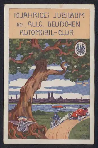 Künstler-AK Ganzsache Bayern PP27C86: München, 10 jähriges Jubiläum des ADAC 1913, Auto und Motorrad