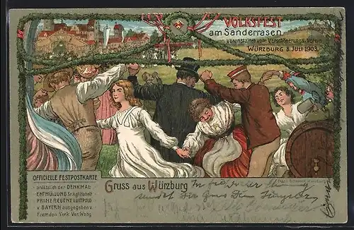 Lithographie Ganzsache Bayern PP15C51 /02: Würzburg, Volksfest am Sanderrasen 1903, veranstaltet v. Verschönerungsverein
